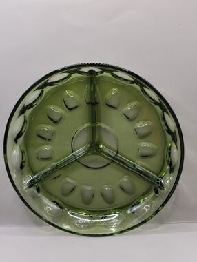Vintage Indiana Glass Green Thumbprint Kings Crown 3 Way Divided Relish Dish